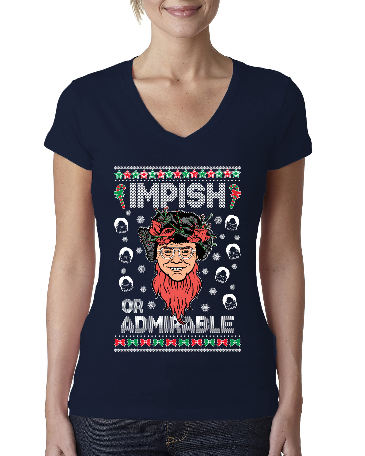 Impish or Admirable Dwight Schrute Ugly Christmas Sweater Womens Junior Fit V-Neck Tee