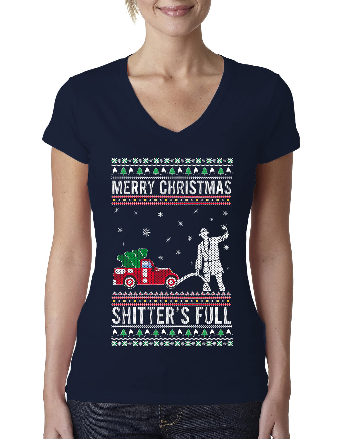 Merry Christmas Shitter's Full Christmas Vacation Ugly Christmas Sweater Womens Junior Fit V-Neck Tee