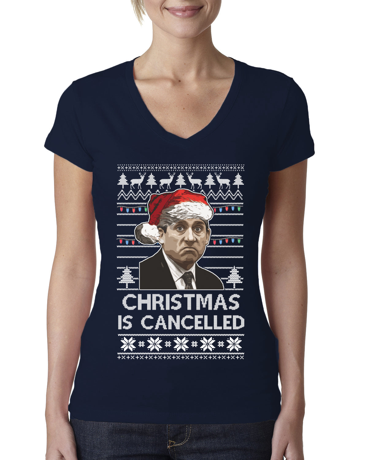 Christmas Is Cancelled Michael Scott Office Ugly Christmas Sweater Womens Junior Fit V-Neck Tee