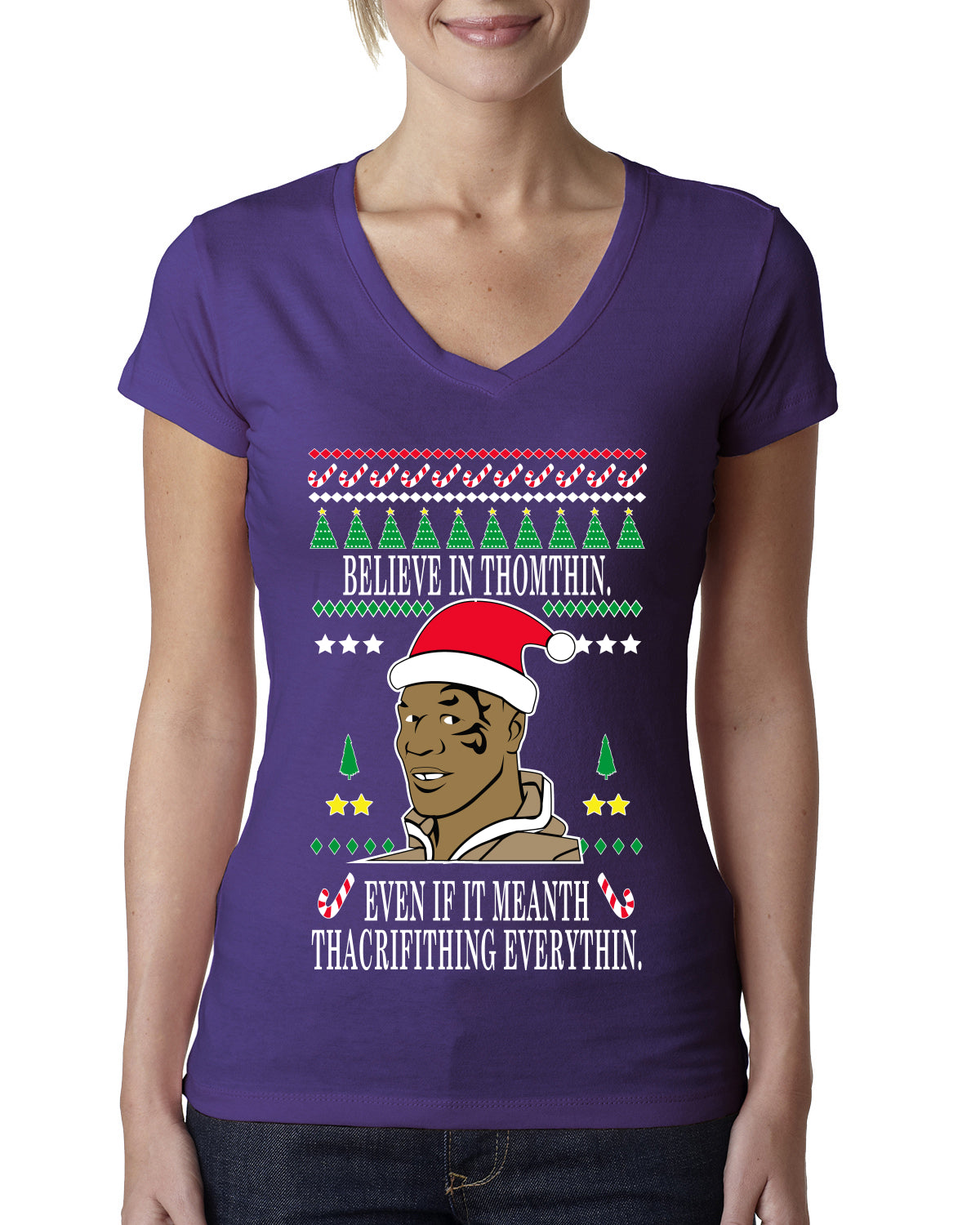 Lisp Believe In Thomthin Thacrifithing Everythin Ugly Christmas Sweater Womens Junior Fit V-Neck Tee