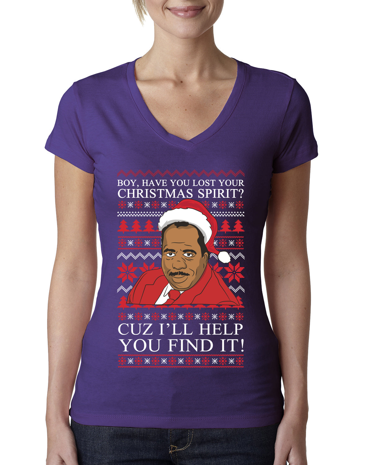 Christmas Spirit I'll Help You Find It Stanley Hudson Ugly Christmas Sweater Womens Junior Fit V-Neck Tee