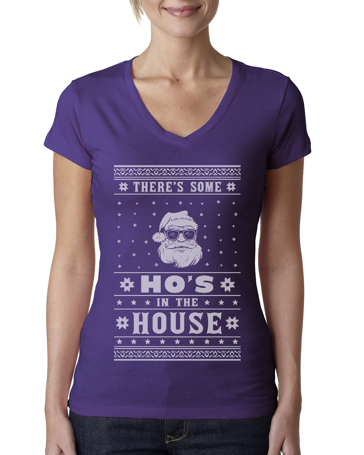 Theres Some Hos in the House Santa Ugly Christmas Sweater Womens Junior Fit V-Neck Tee