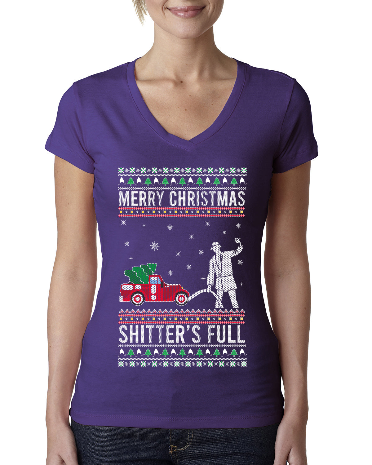 Merry Christmas Shitter's Full Christmas Vacation Ugly Christmas Sweater Womens Junior Fit V-Neck Tee