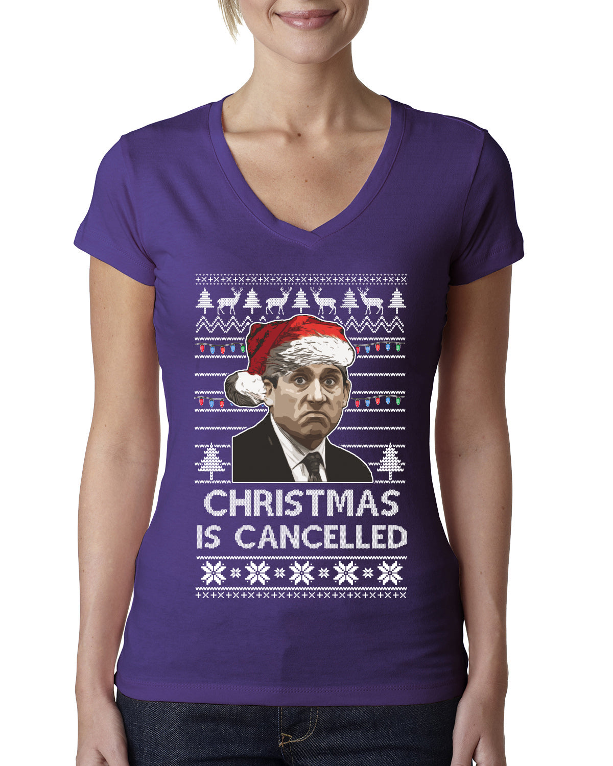 Christmas Is Cancelled Michael Scott Office Ugly Christmas Sweater Womens Junior Fit V-Neck Tee