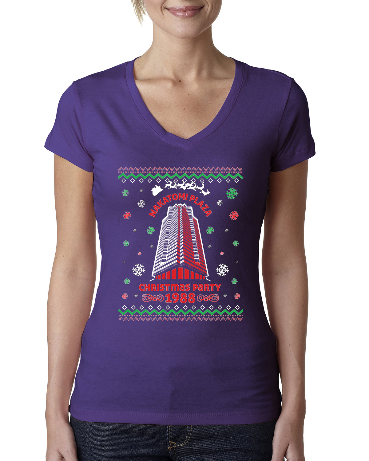 Nakatomi Plaza Christmas Party 1988 Ugly Christmas Sweater Womens Junior Fit V-Neck Tee