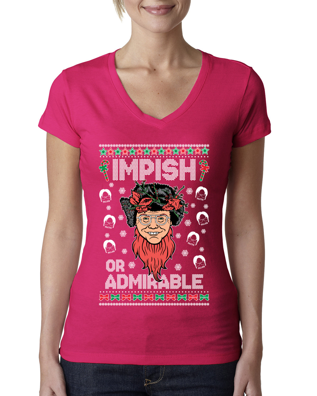 Impish or Admirable Dwight Schrute Ugly Christmas Sweater Womens Junior Fit V-Neck Tee