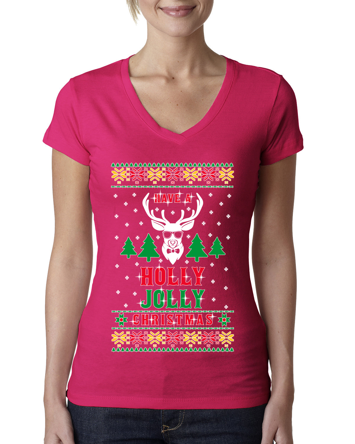 Have A Holly Jolly Christmas Ugly Christmas Sweater Womens Junior Fit V-Neck Tee