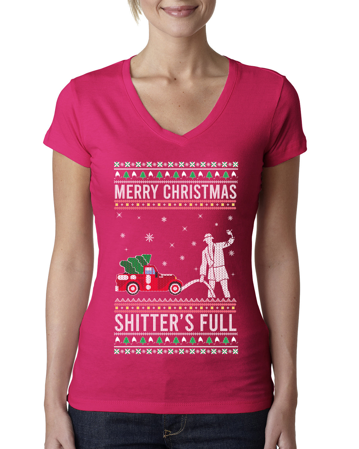 Merry Christmas Shitter's Full Christmas Vacation Ugly Christmas Sweater Womens Junior Fit V-Neck Tee