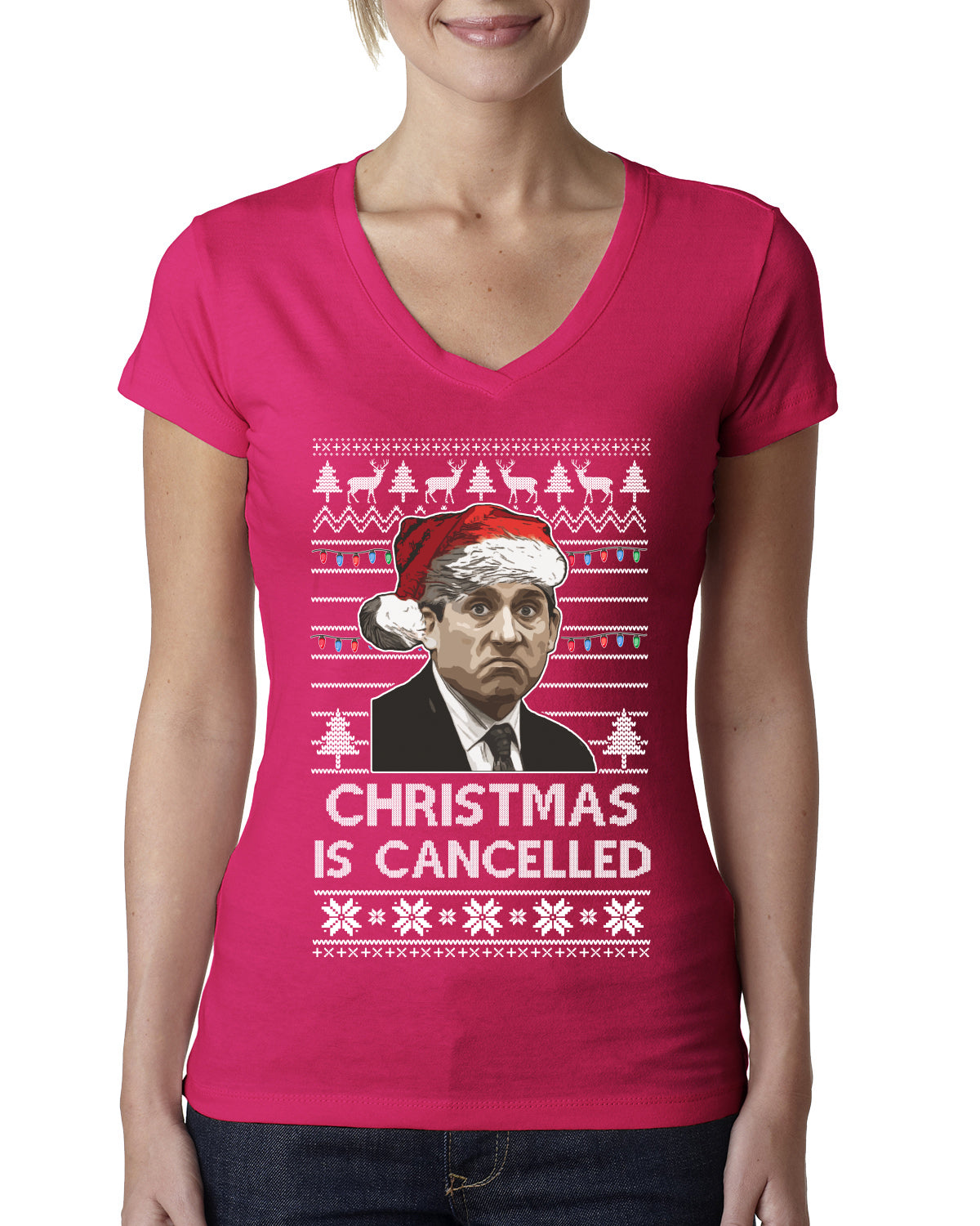 Christmas Is Cancelled Michael Scott Office Ugly Christmas Sweater Womens Junior Fit V-Neck Tee