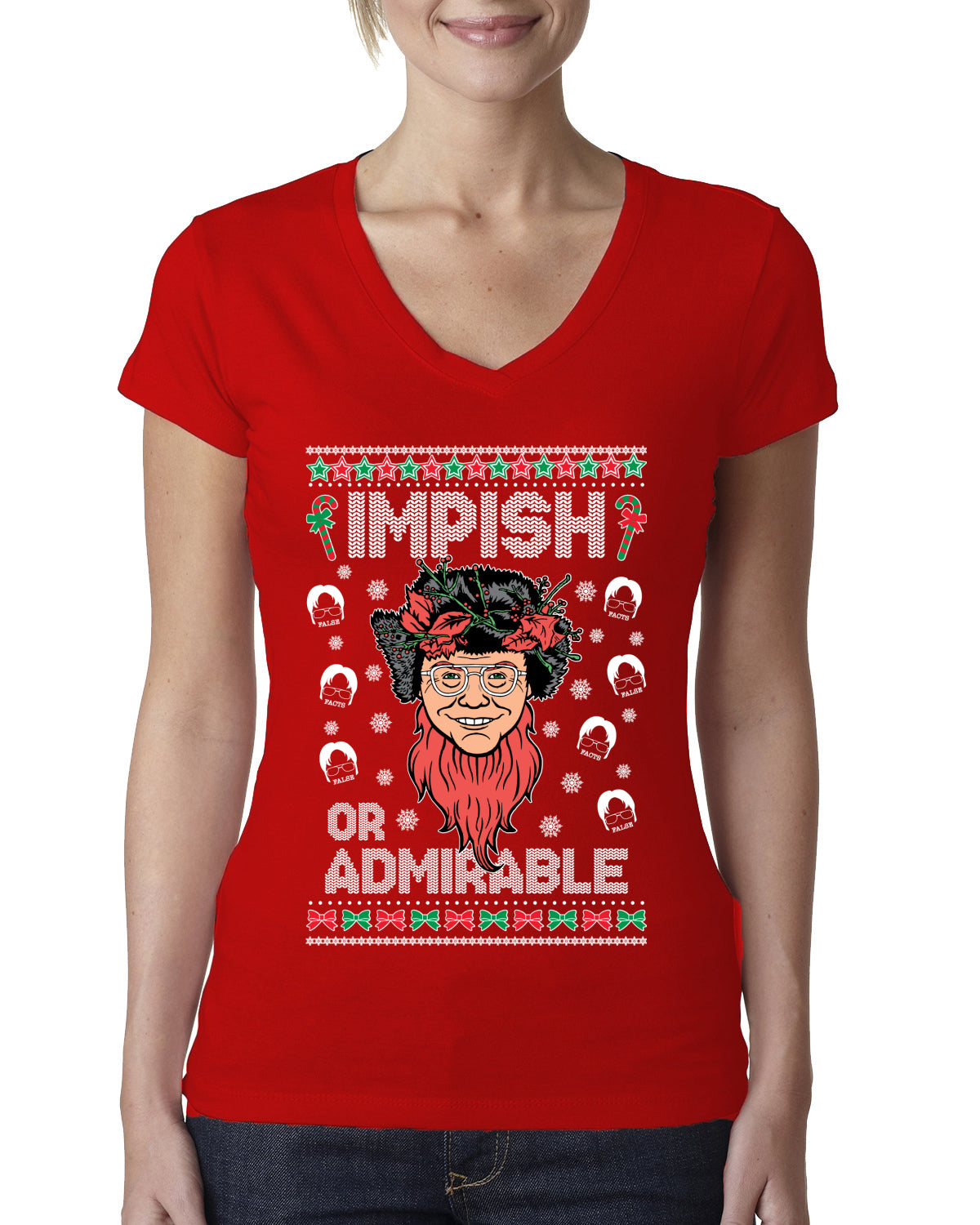 Impish or Admirable Dwight Schrute Ugly Christmas Sweater Womens Junior Fit V-Neck Tee