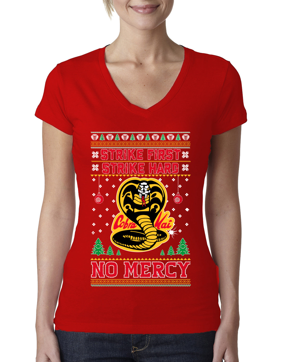 Strike First Strike Hard No Mercy Xmas Ugly Christmas Sweater Womens Junior Fit V-Neck Tee