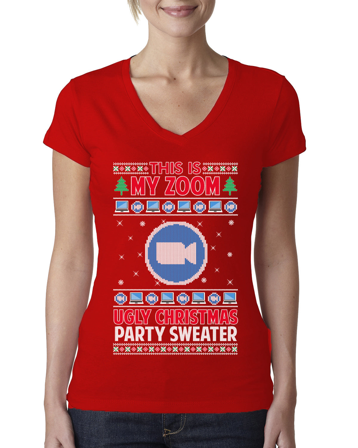 This Is My Zoom Ugly Christmas Party Sweater Ugly Christmas Sweater Womens Junior Fit V-Neck Tee