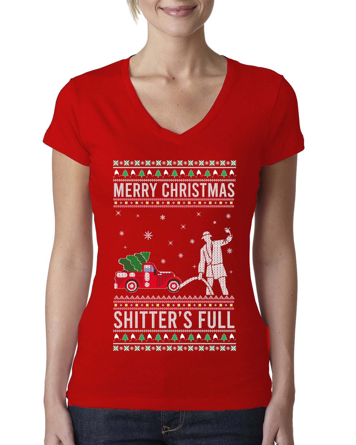 Merry Christmas Shitter's Full Christmas Vacation Ugly Christmas Sweater Womens Junior Fit V-Neck Tee