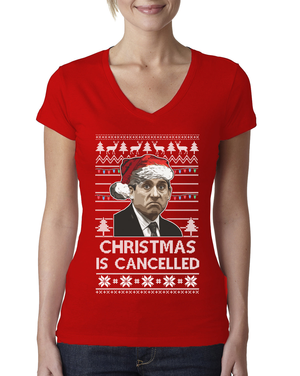 Christmas Is Cancelled Michael Scott Office Ugly Christmas Sweater Womens Junior Fit V-Neck Tee