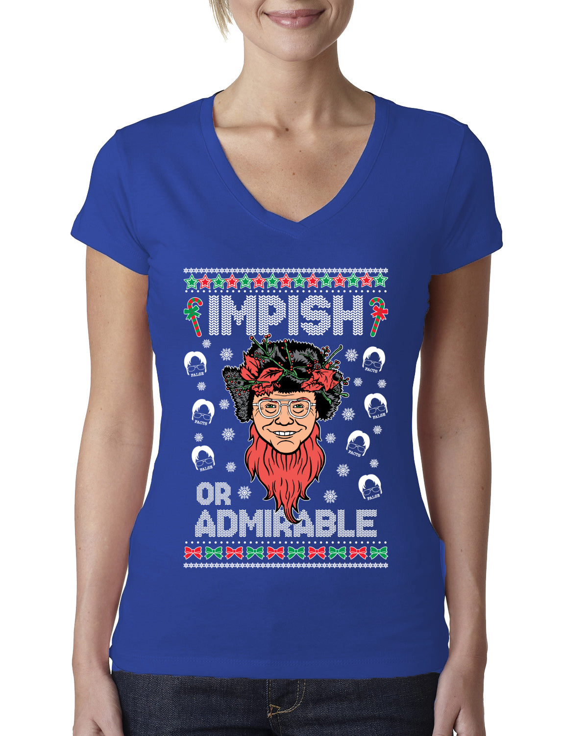 Impish or Admirable Dwight Schrute Ugly Christmas Sweater Womens Junior Fit V-Neck Tee