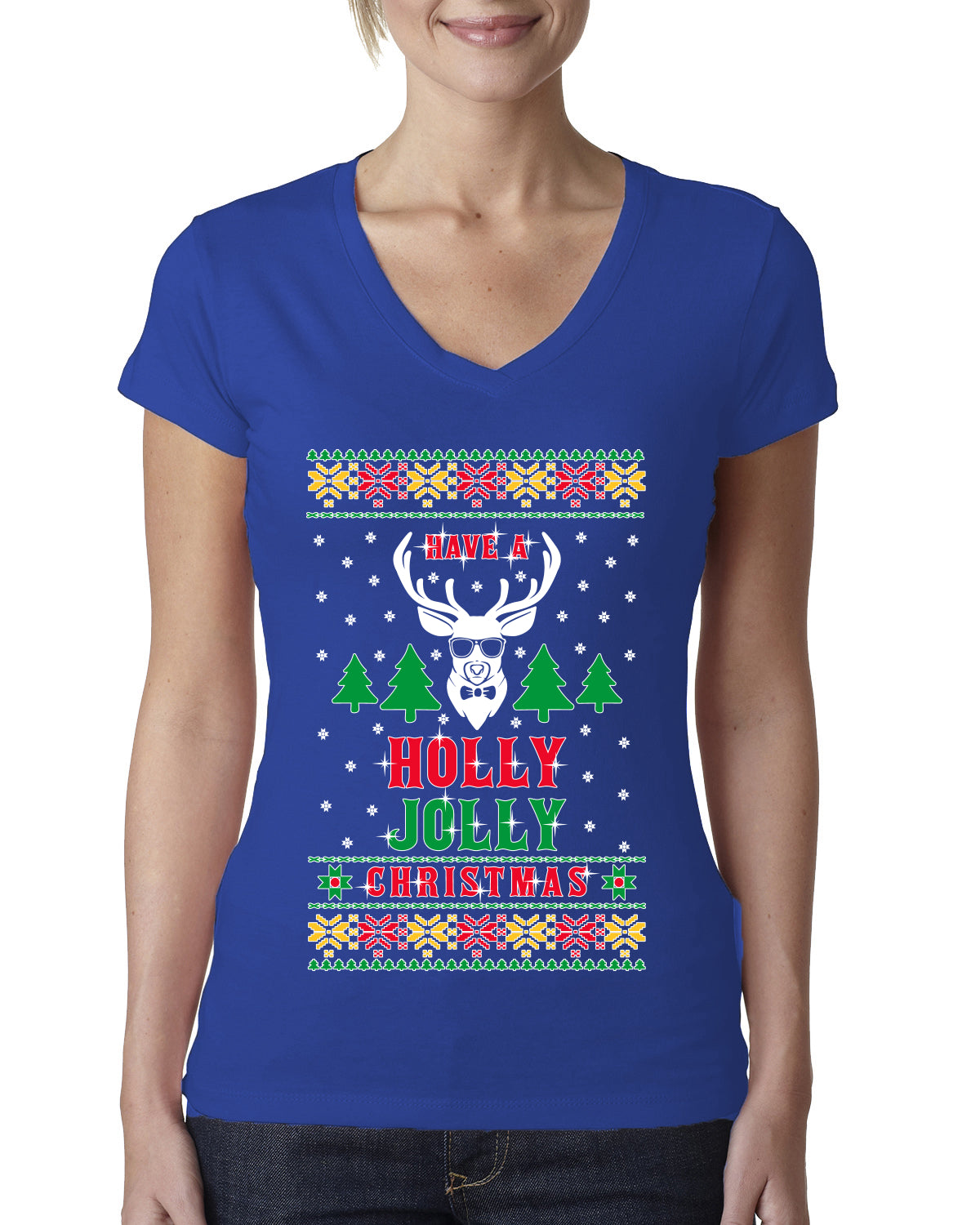 Have A Holly Jolly Christmas Ugly Christmas Sweater Womens Junior Fit V-Neck Tee