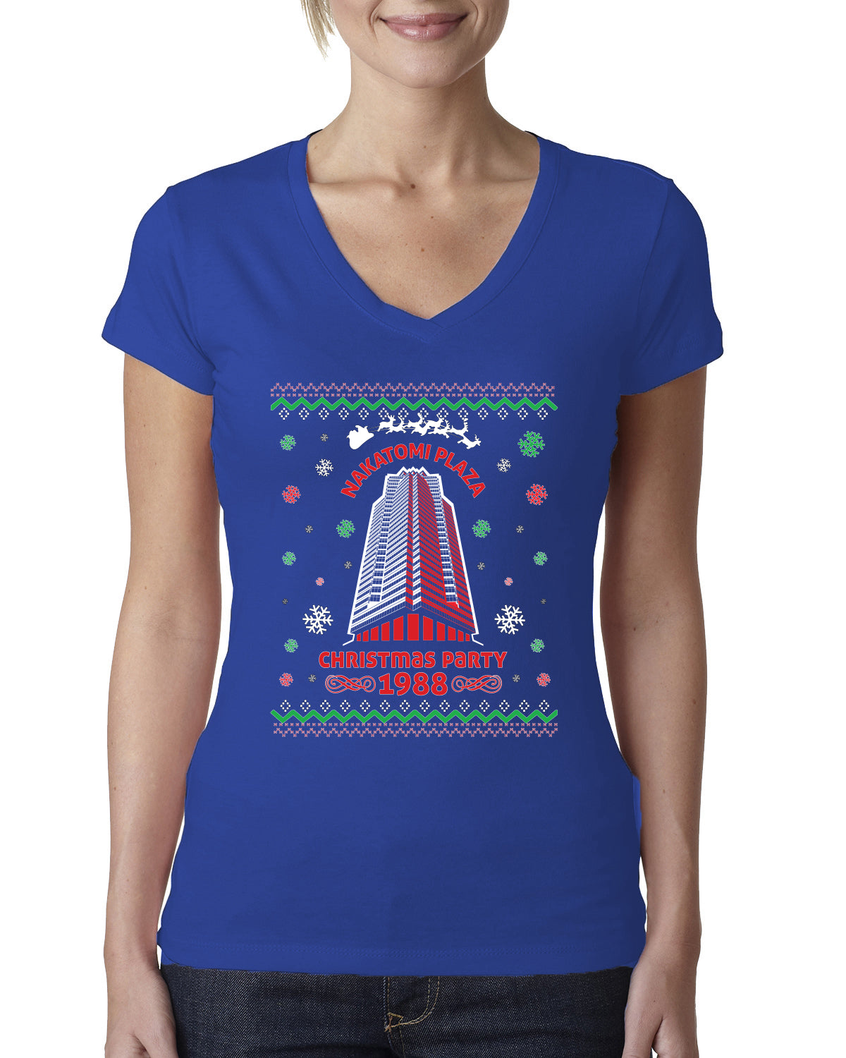 Nakatomi Plaza Christmas Party 1988 Ugly Christmas Sweater Womens Junior Fit V-Neck Tee
