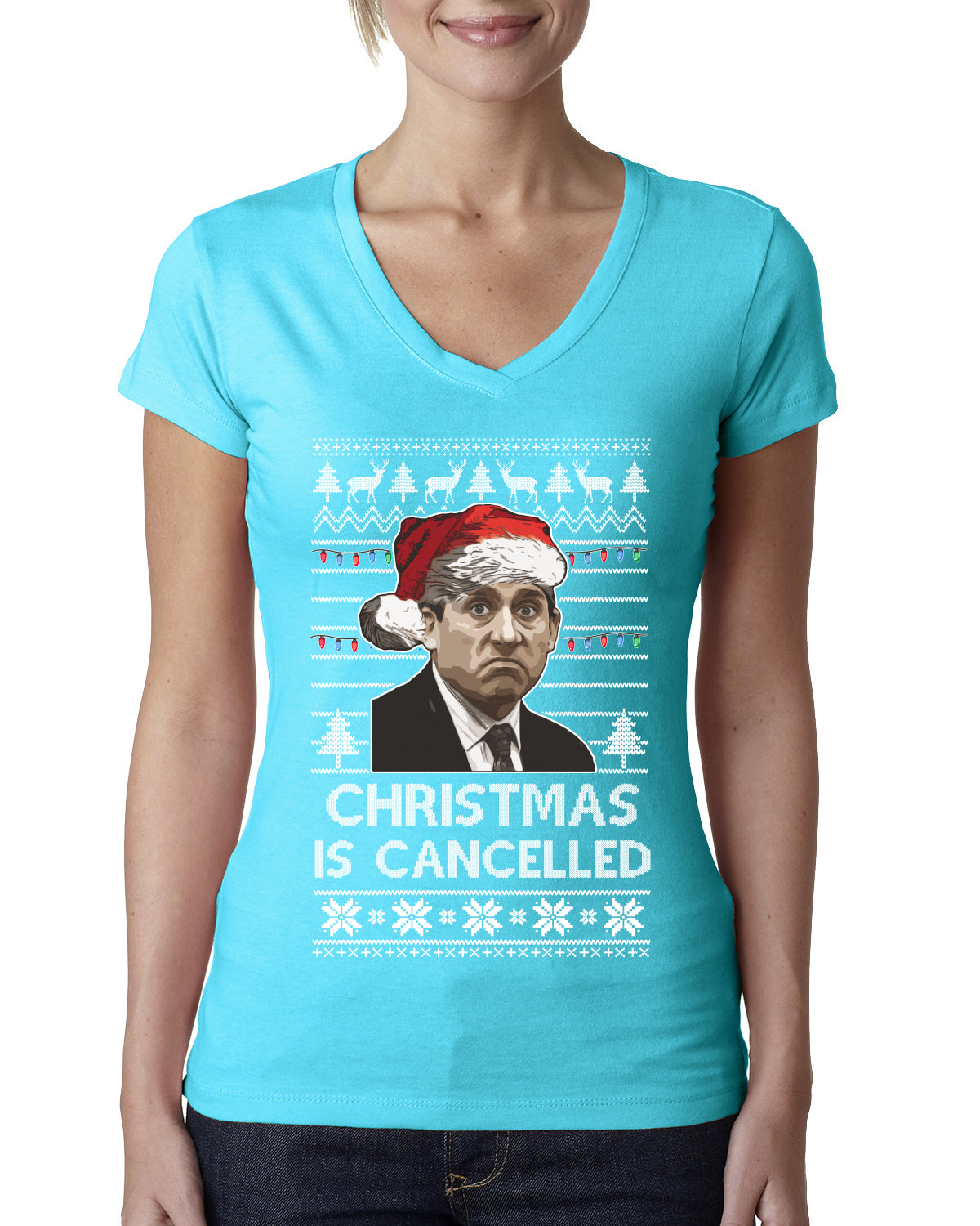 Christmas Is Cancelled Michael Scott Office Ugly Christmas Sweater Womens Junior Fit V-Neck Tee