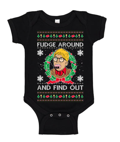 Fudge Around And Find Out Story Ugly Christmas Sweater Baby Creeper Boys Girls Infant Bodysuit