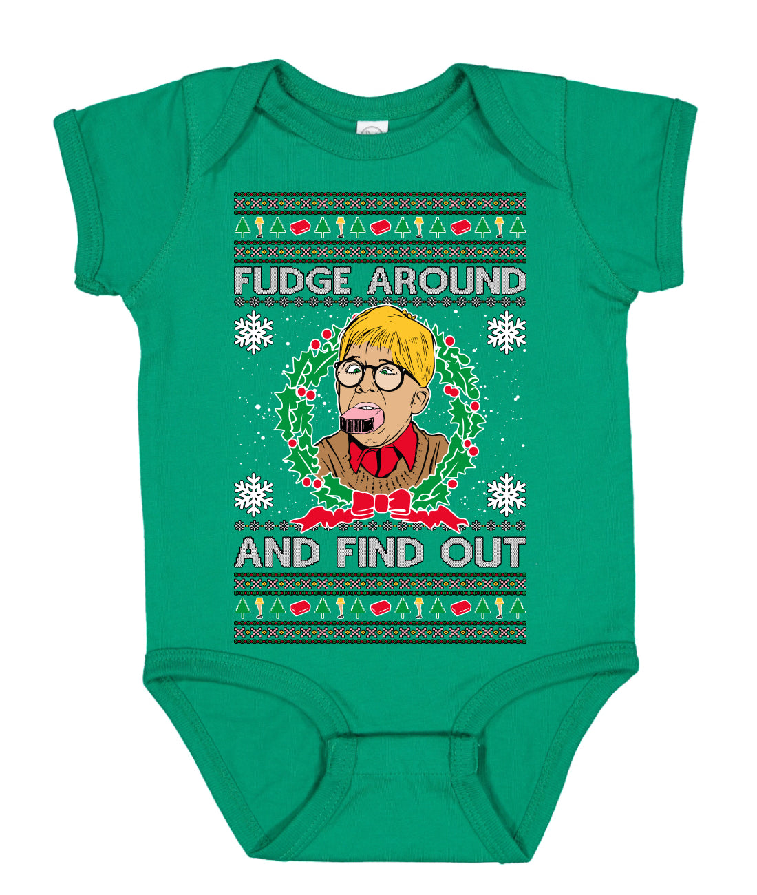 Fudge Around And Find Out Story Ugly Christmas Sweater Baby Creeper Boys Girls Infant Bodysuit