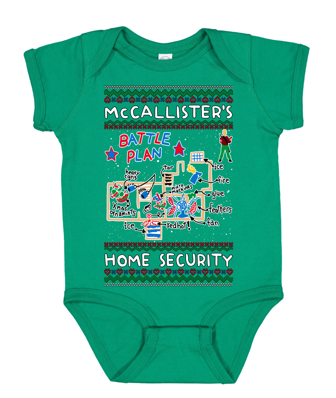 McCallister's Home Security Battle Plan Alone Kevin Ugly Christmas Sweater Baby Creeper Boys Girls Infant Bodysuit