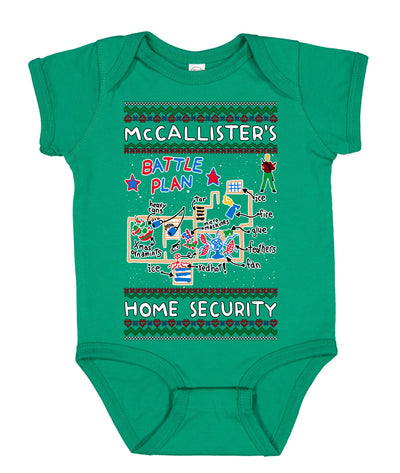 McCallister's Home Security Battle Plan Alone Kevin Ugly Christmas Sweater Baby Creeper Boys Girls Infant Bodysuit