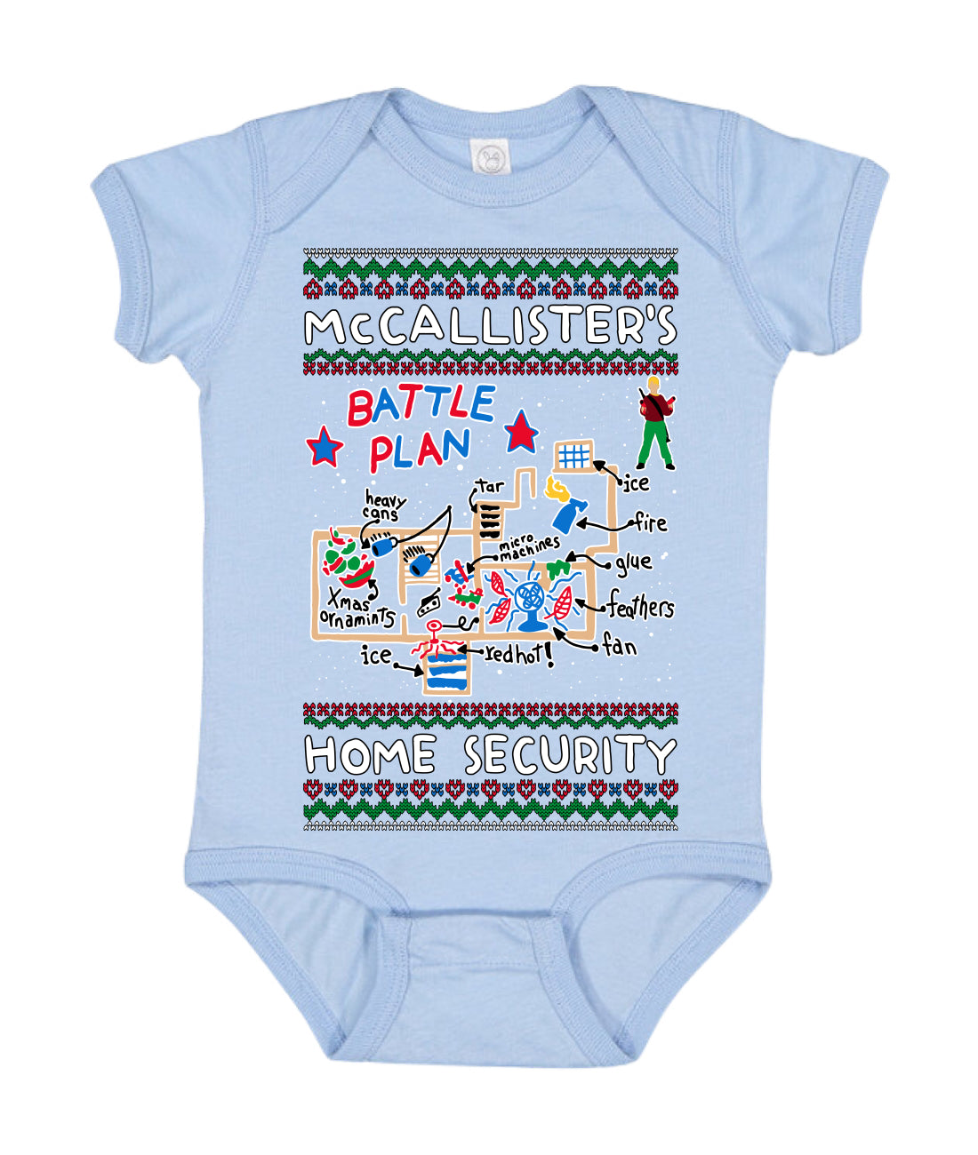 McCallister's Home Security Battle Plan Alone Kevin Ugly Christmas Sweater Baby Creeper Boys Girls Infant Bodysuit
