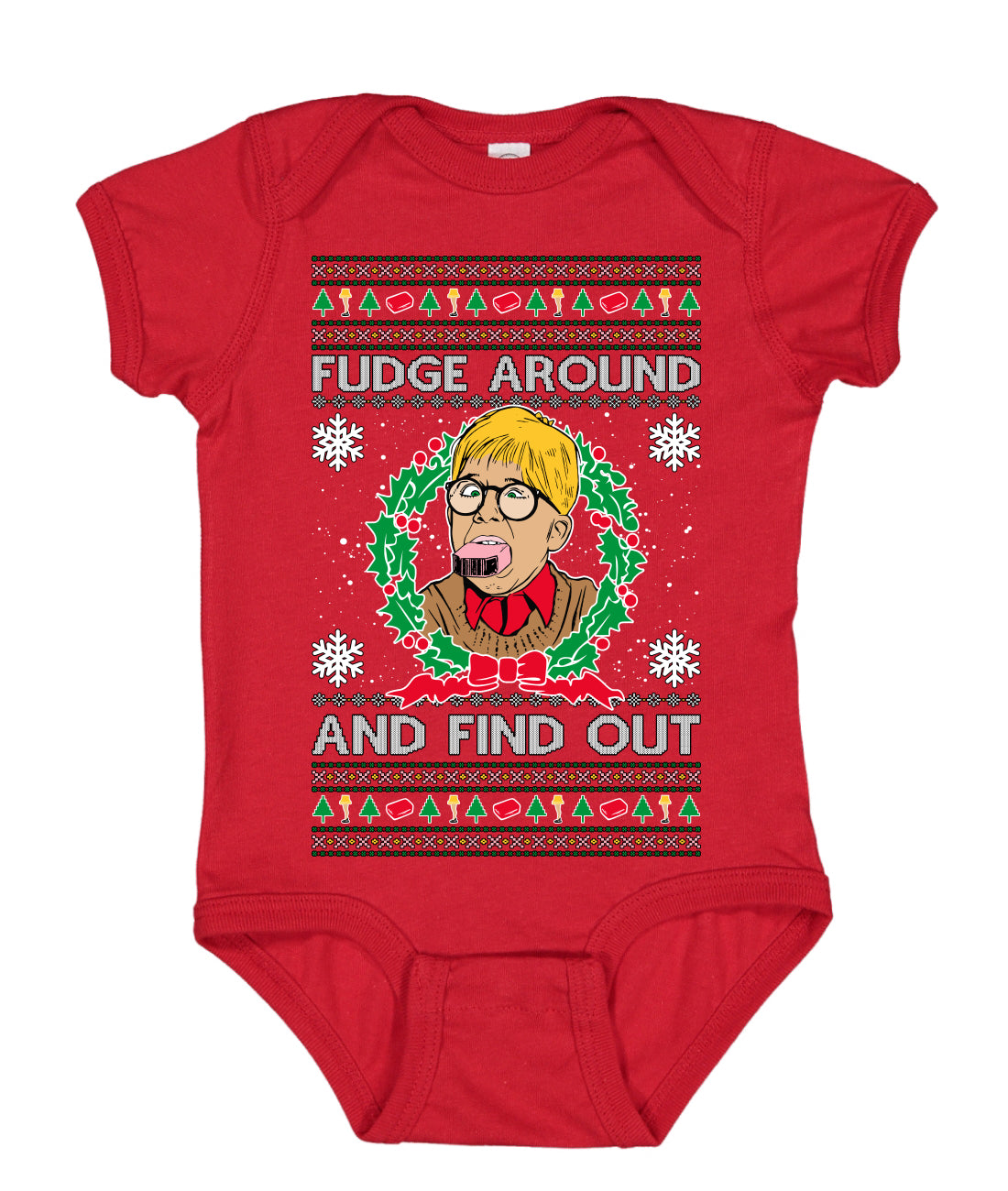Fudge Around And Find Out Story Ugly Christmas Sweater Baby Creeper Boys Girls Infant Bodysuit