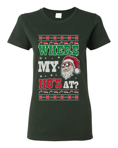 Where my Hos At Santa Funny Ugly Christmas Sweater Womens Graphic T-Shirt