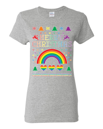 Merry Christmas Rainbow Hearts Womens Graphic T-Shirt