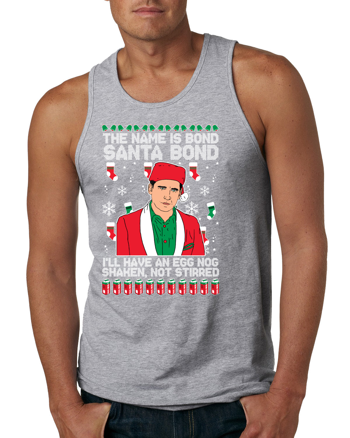 Michael Scott The Name is Bond Santa Bond Ugly Christmas Sweater Mens Graphic Tank Top