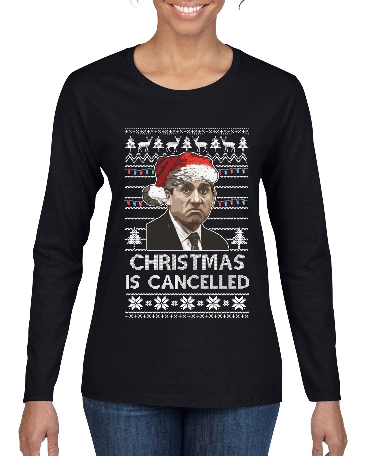 Christmas Is Cancelled Michael Scott Office Ugly Christmas Sweater Womens Graphic Long Sleeve T-Shirt