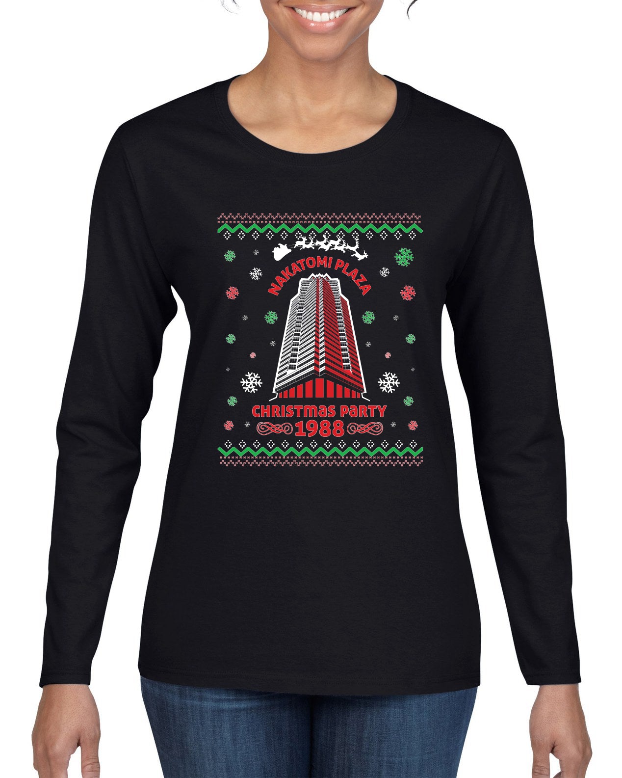 Nakatomi Plaza Christmas Party 1988 Ugly Christmas Sweater Womens Graphic Long Sleeve T-Shirt
