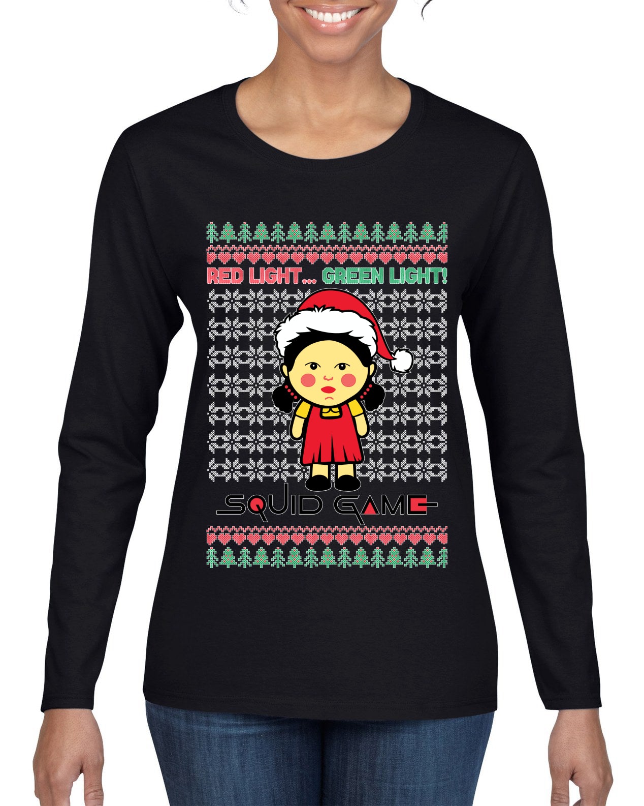 Red Light Green Light Ugly Christmas Sweater Womens Graphic Long Sleeve T-Shirt