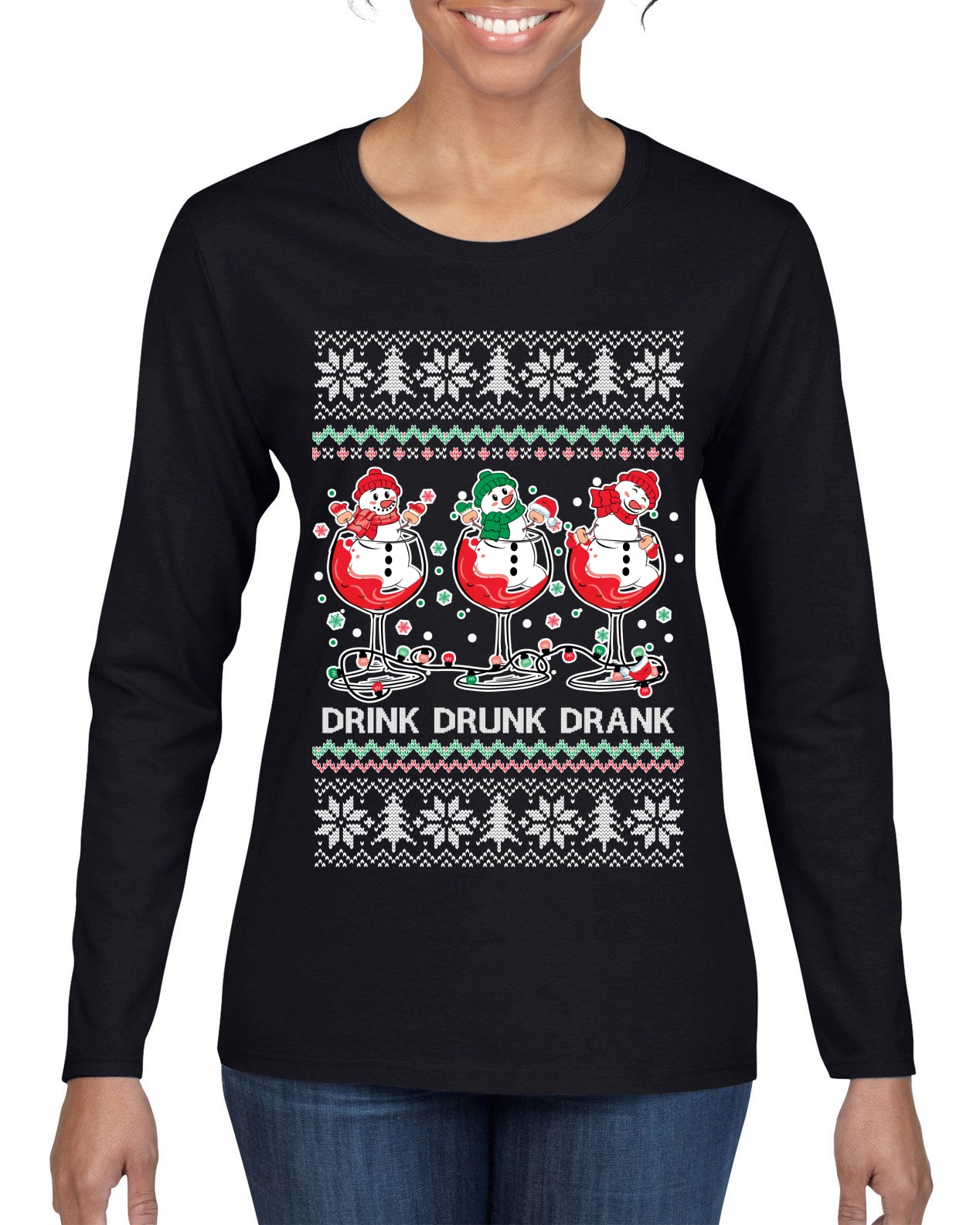 Holiday Spirits Drink Drank Drunk Snowmen Ugly Christmas Sweater Womens Graphic Long Sleeve T-Shirt