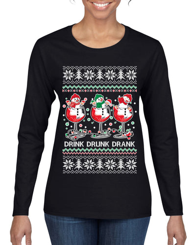 Holiday Spirits Drink Drank Drunk Snowmen Ugly Christmas Sweater Womens Graphic Long Sleeve T-Shirt