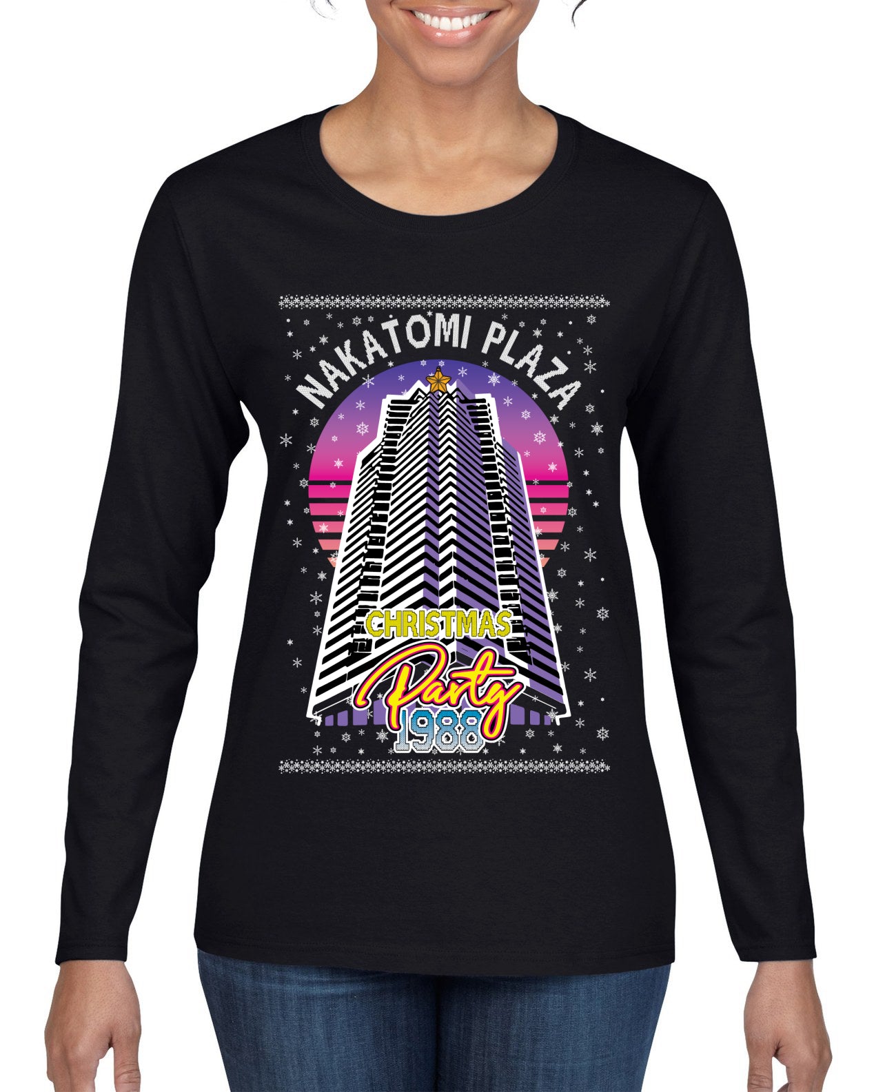 Retro Nakatomi Plaza 1988 Holiday Party Ugly Christmas Sweater Womens Graphic Long Sleeve T-Shirt