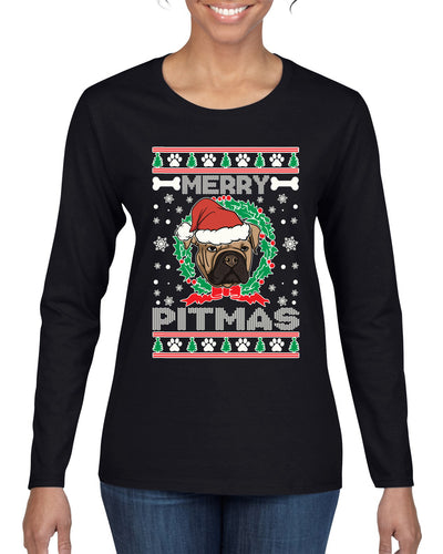 Merry Pitmas Christmas Womens Graphic Long Sleeve T-Shirt