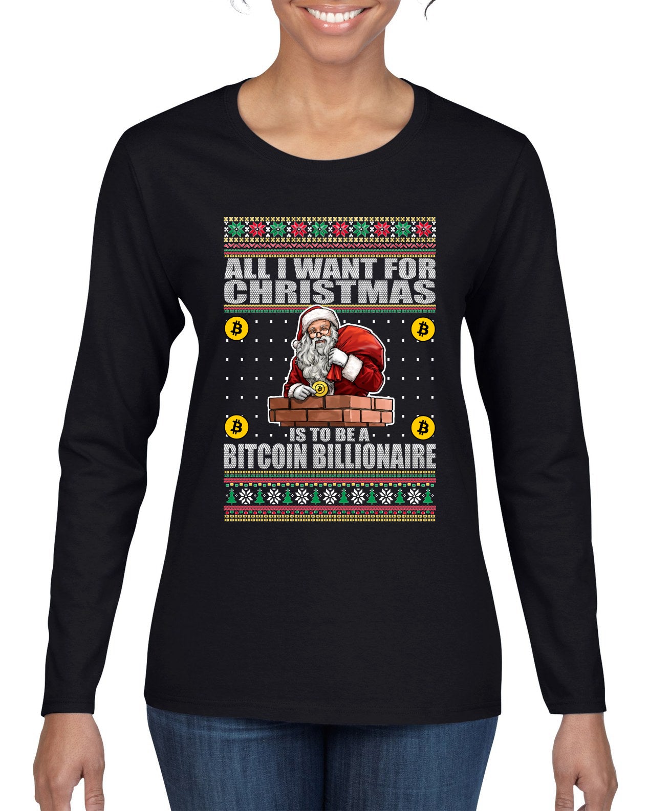 Bitcoin Billionaire For Christmas Christmas Womens Graphic Long Sleeve T-Shirt
