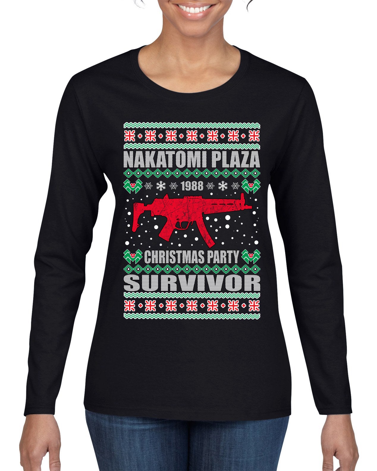 Nakatomi Plaza Christmas Party Survivor Ugly Christmas Sweater Womens Graphic Long Sleeve T-Shirt