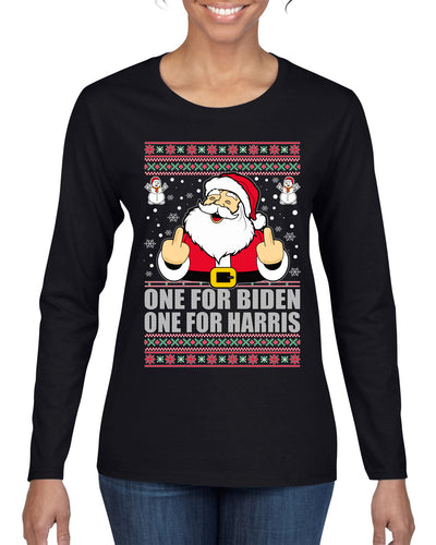 One For Biden One For Harris Santa Ugly Christmas Sweater Womens Graphic Long Sleeve T-Shirt