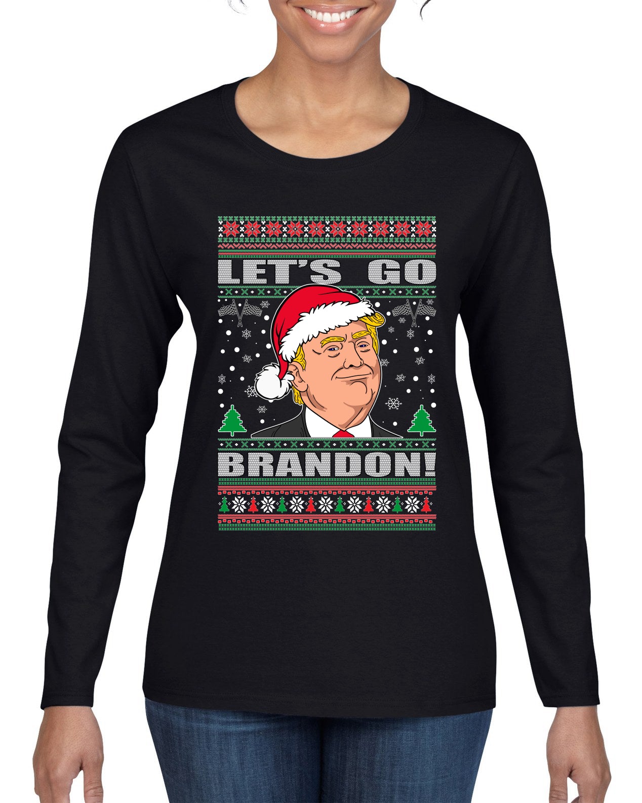 Let's Go Brandon Funny Santa Hat Ugly Christmas Sweater Womens Graphic Long Sleeve T-Shirt