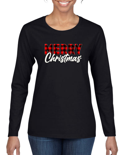 Merry Christmas Buffalo Plaid Christmas Womens Graphic Long Sleeve T-Shirt