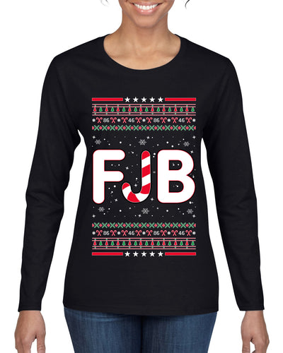 FJB Let's Go Brandon Chant Candy Cane Ugly Christmas Sweater Womens Graphic Long Sleeve T-Shirt