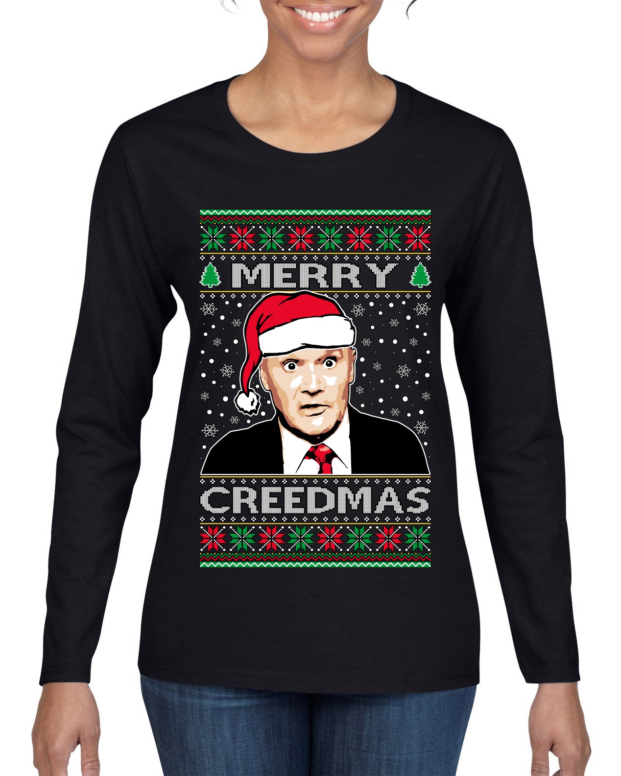 Merry Creedmas Office Humor TV  Ugly Christmas Sweater Womens Graphic Long Sleeve T-Shirt