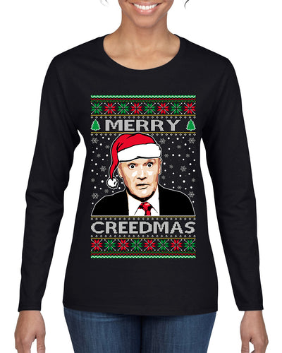 Merry Creedmas Office Humor TV  Ugly Christmas Sweater Womens Graphic Long Sleeve T-Shirt
