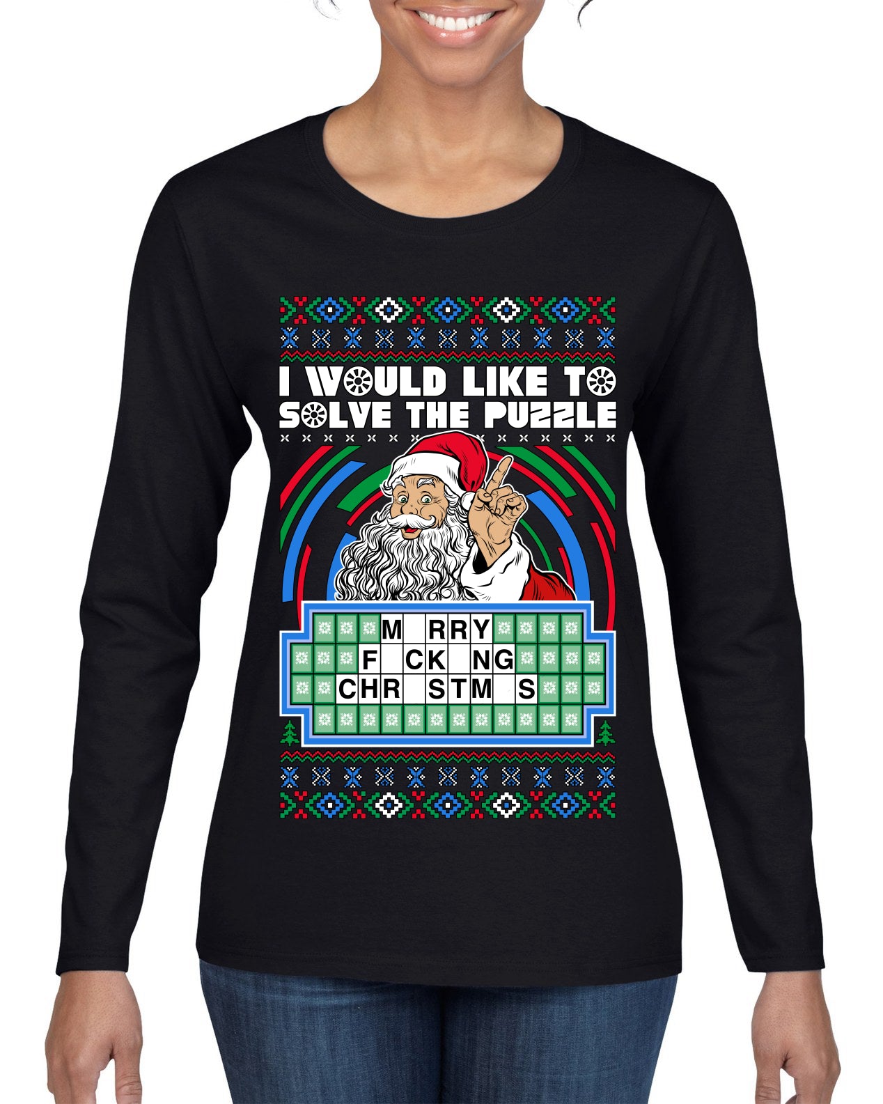Santa Game Show I'd Like To Solve the Puzzle Wheel Ugly Christmas Sweater Womens Graphic Long Sleeve T-Shirt