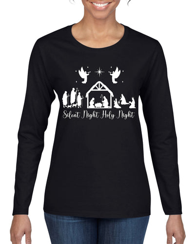 Silent Night Holy Night Religious Jesus Christmas Womens Graphic Long Sleeve T-Shirt