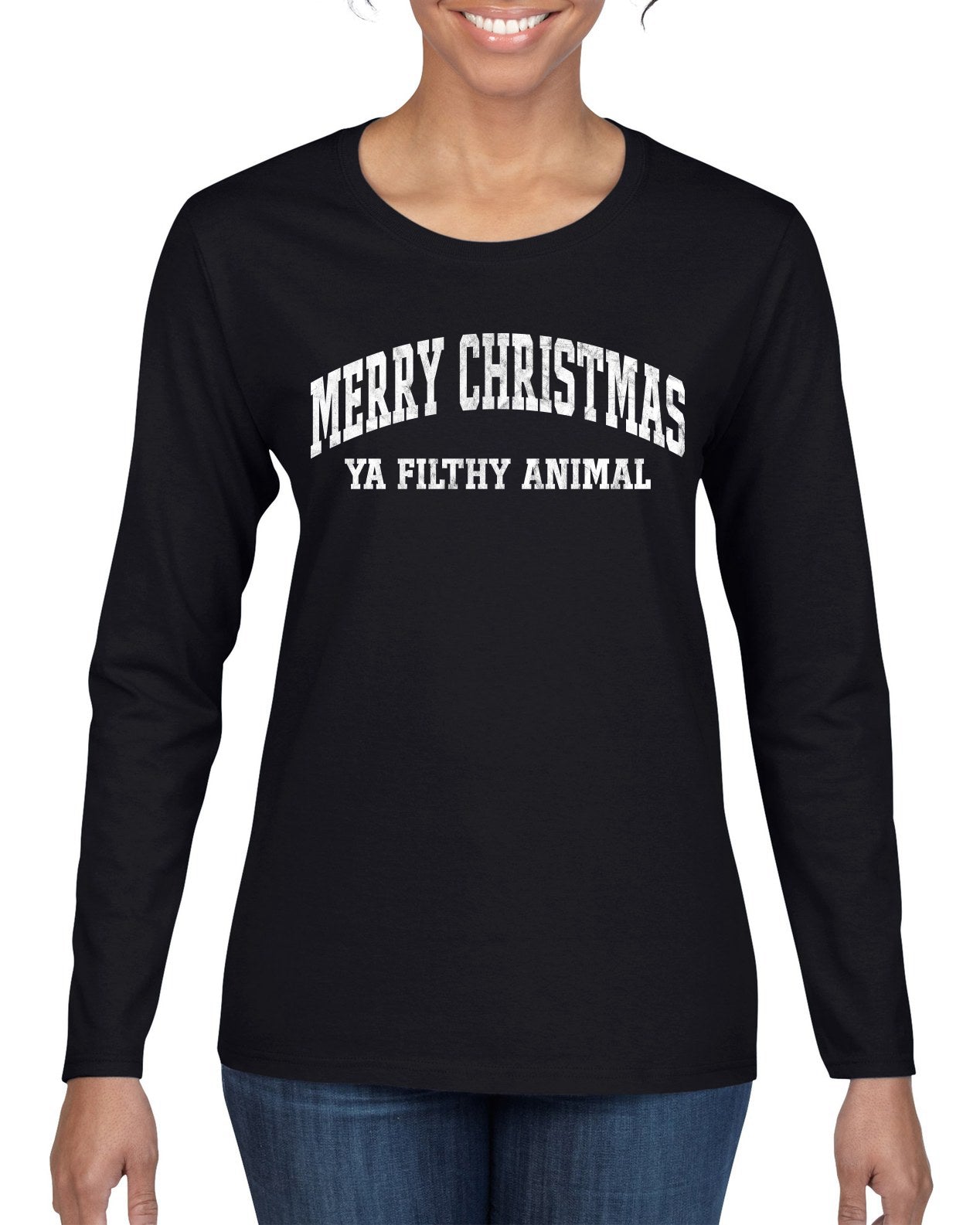 Vintage Movie Quote Merry Christmas Filthy Animal Christmas Womens Graphic Long Sleeve T-Shirt