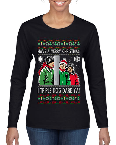 I Triple Dog Dare Ya Merry Story Ugly Christmas Sweater Womens Graphic Long Sleeve T-Shirt